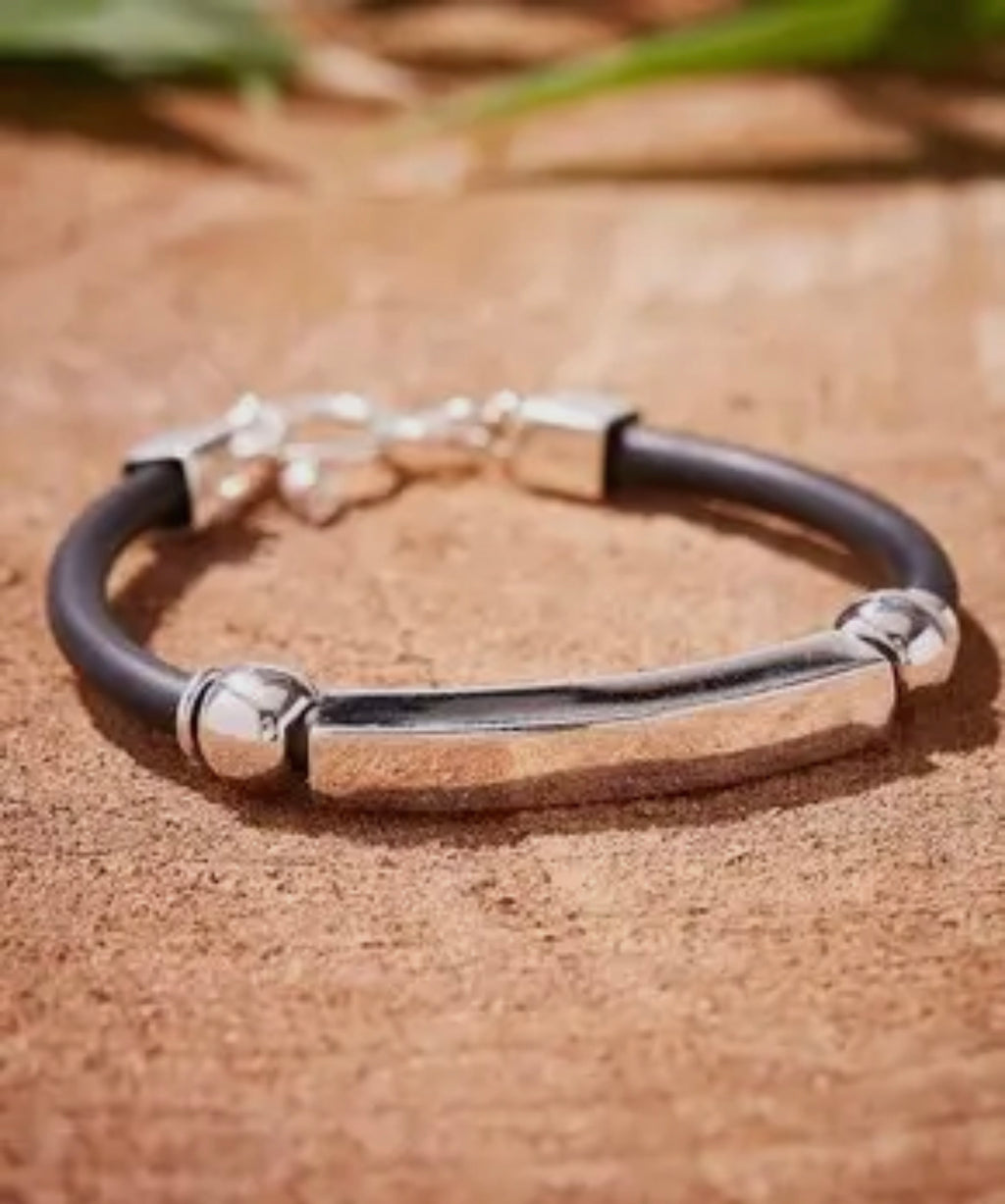 Sterling Silver & Leather Bar Bracelet