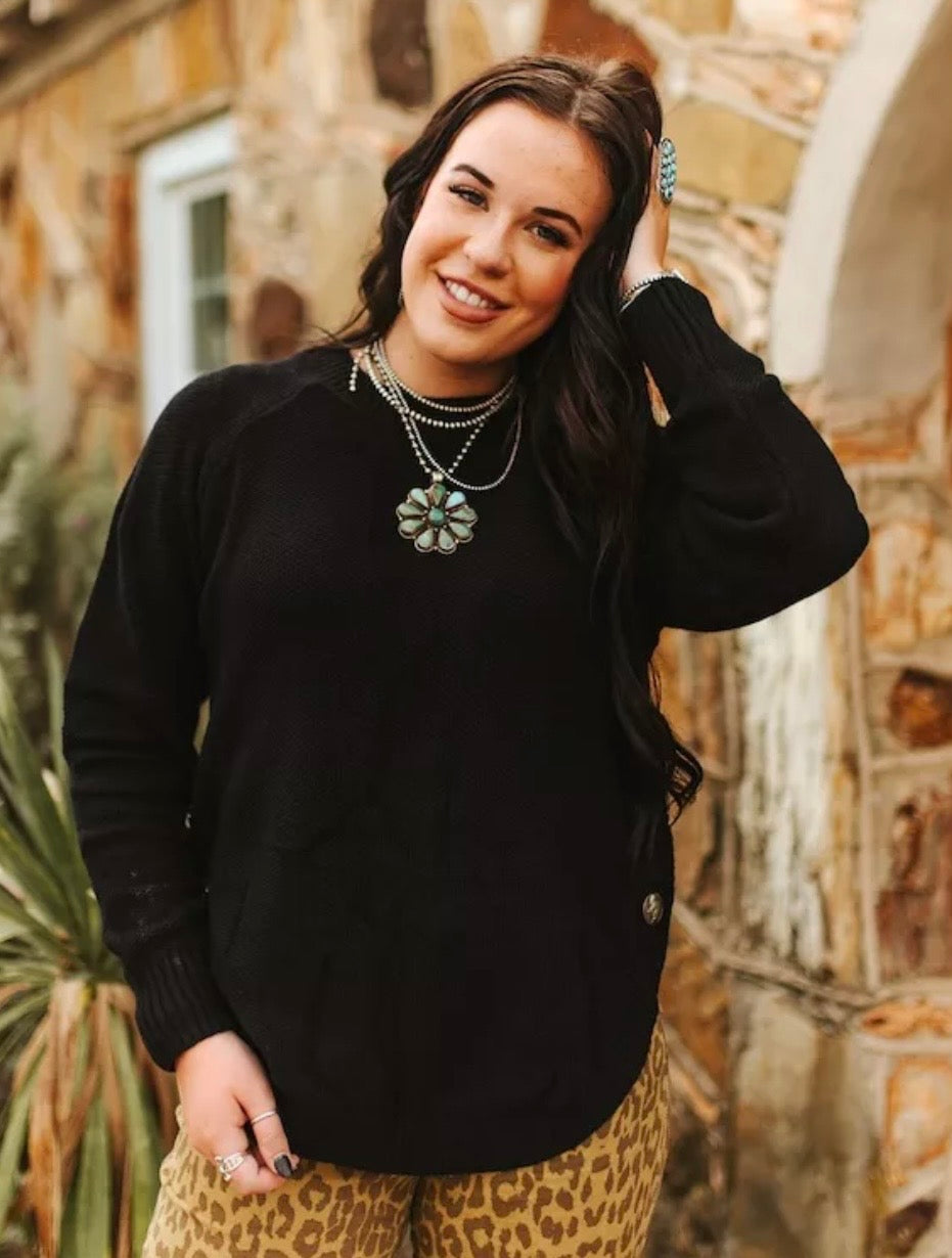 Lucky and Blessed KNITTED ROUND HEM SWEATER BUFFALO BUTTON