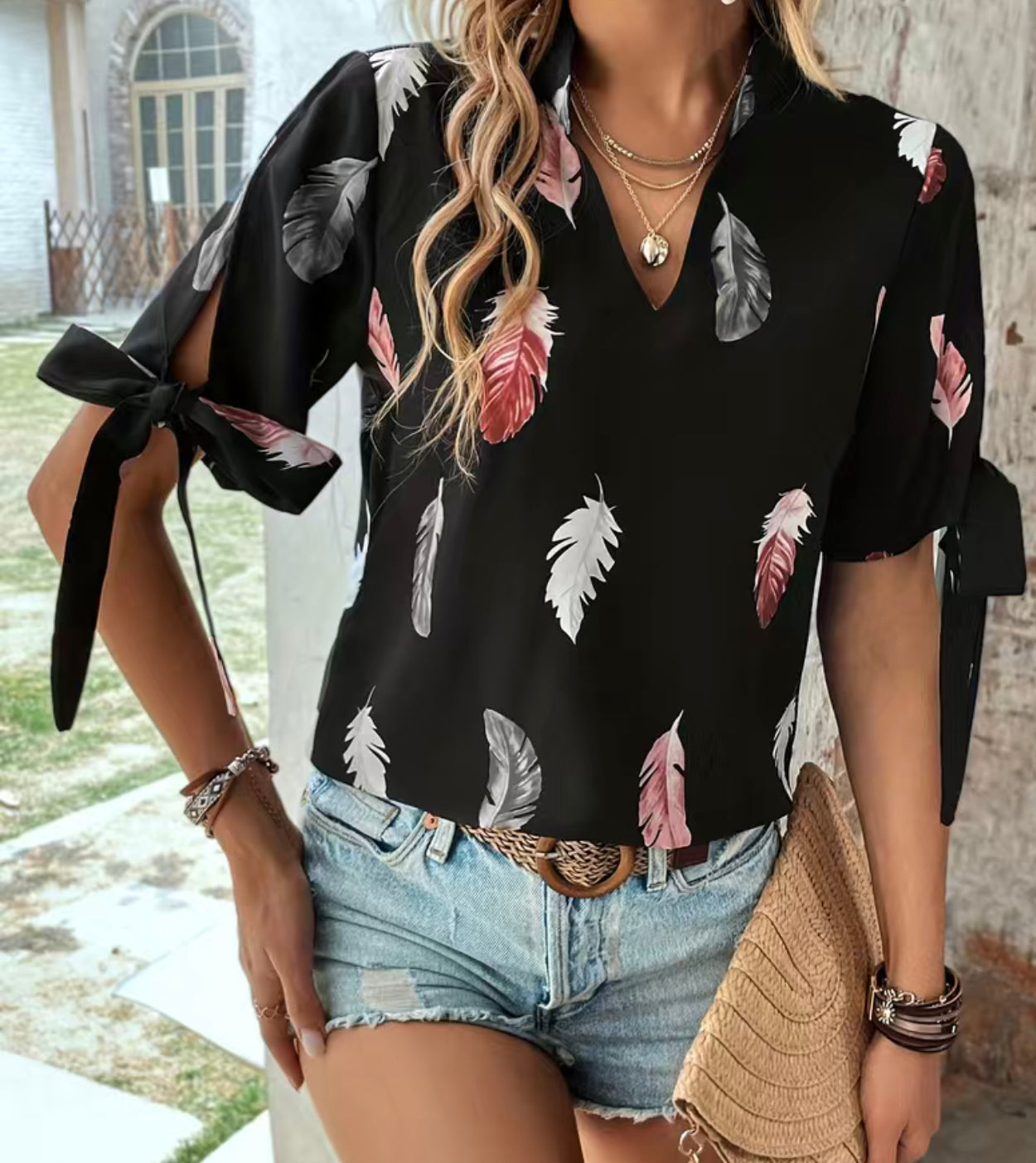 Pink feather black peekaboo sleeve blouse