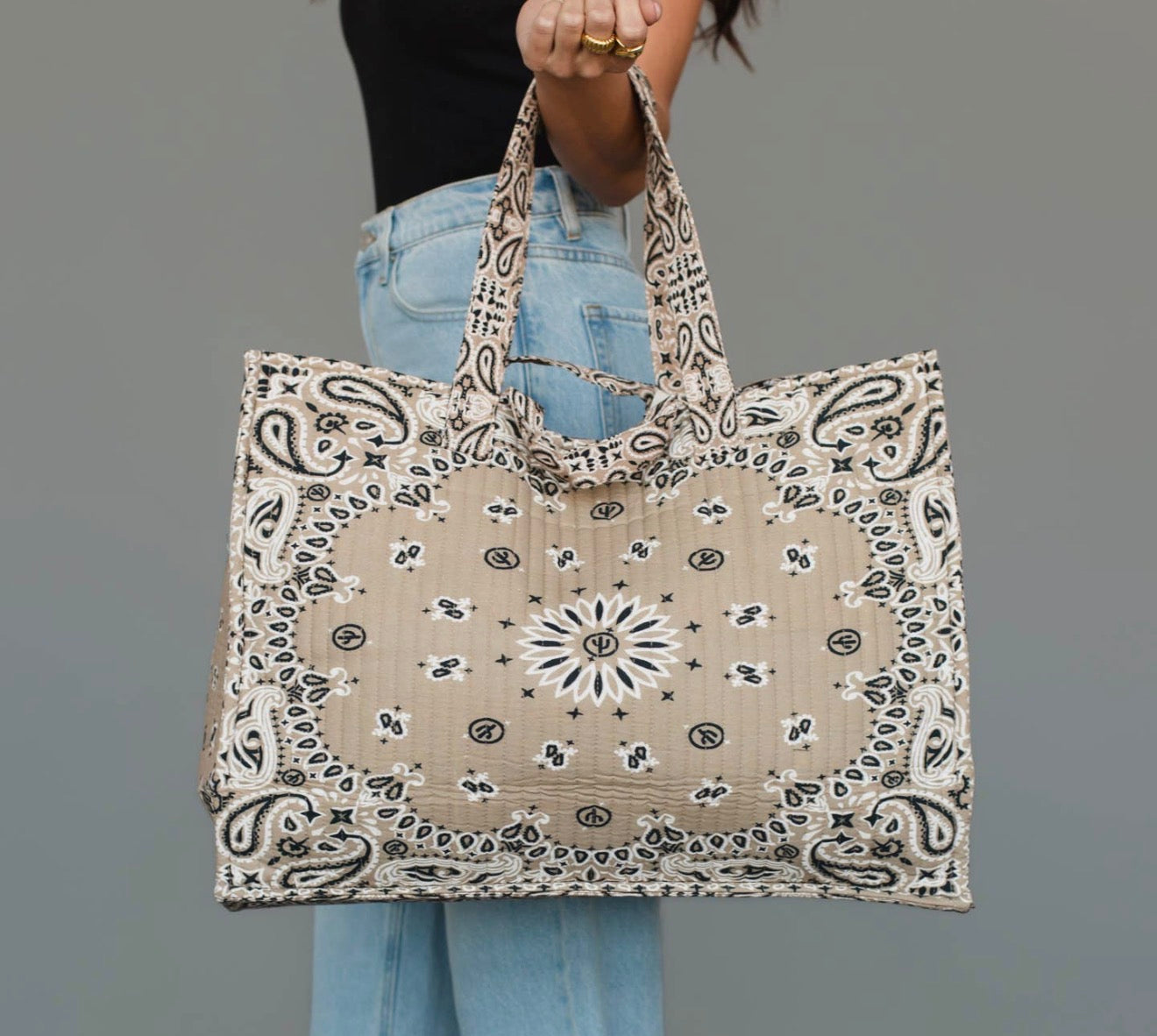 Quilted Large Tan Bandana Tote
