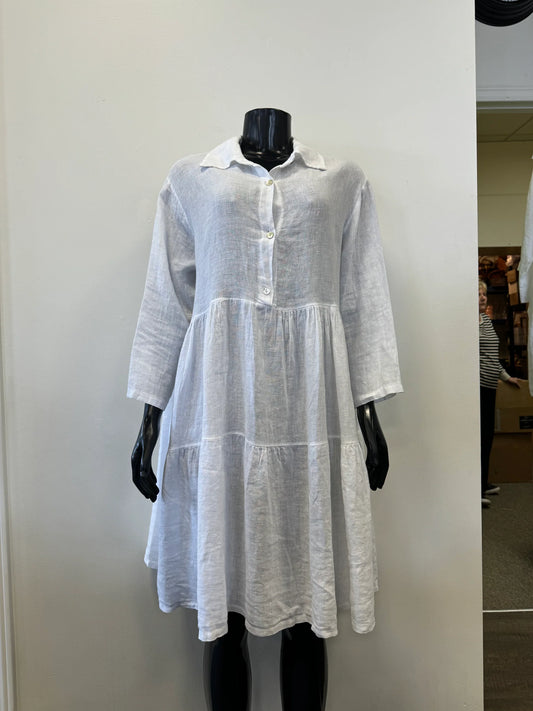 Made in Italy Catherine Lillywhite Linen Tiered Linen Dress - WHITE one size fits most
