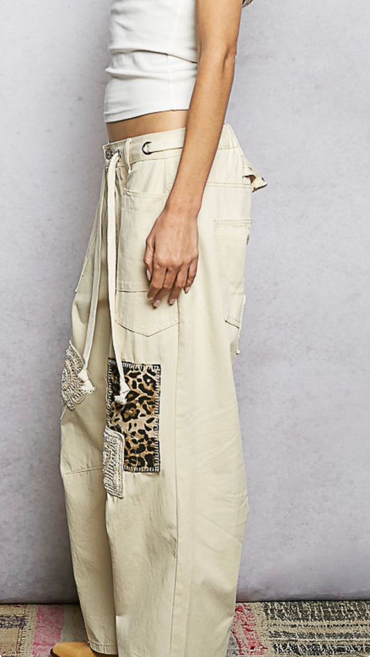 Straight-fit Draw String Patchwork Denim Pants