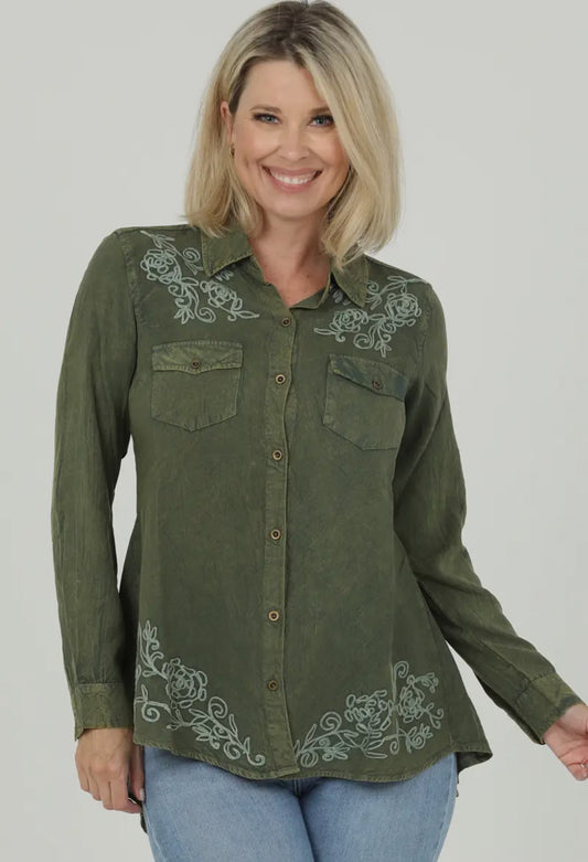 Nostalgia Women's Embroidered Button Front Hi Lo Hem Shirt