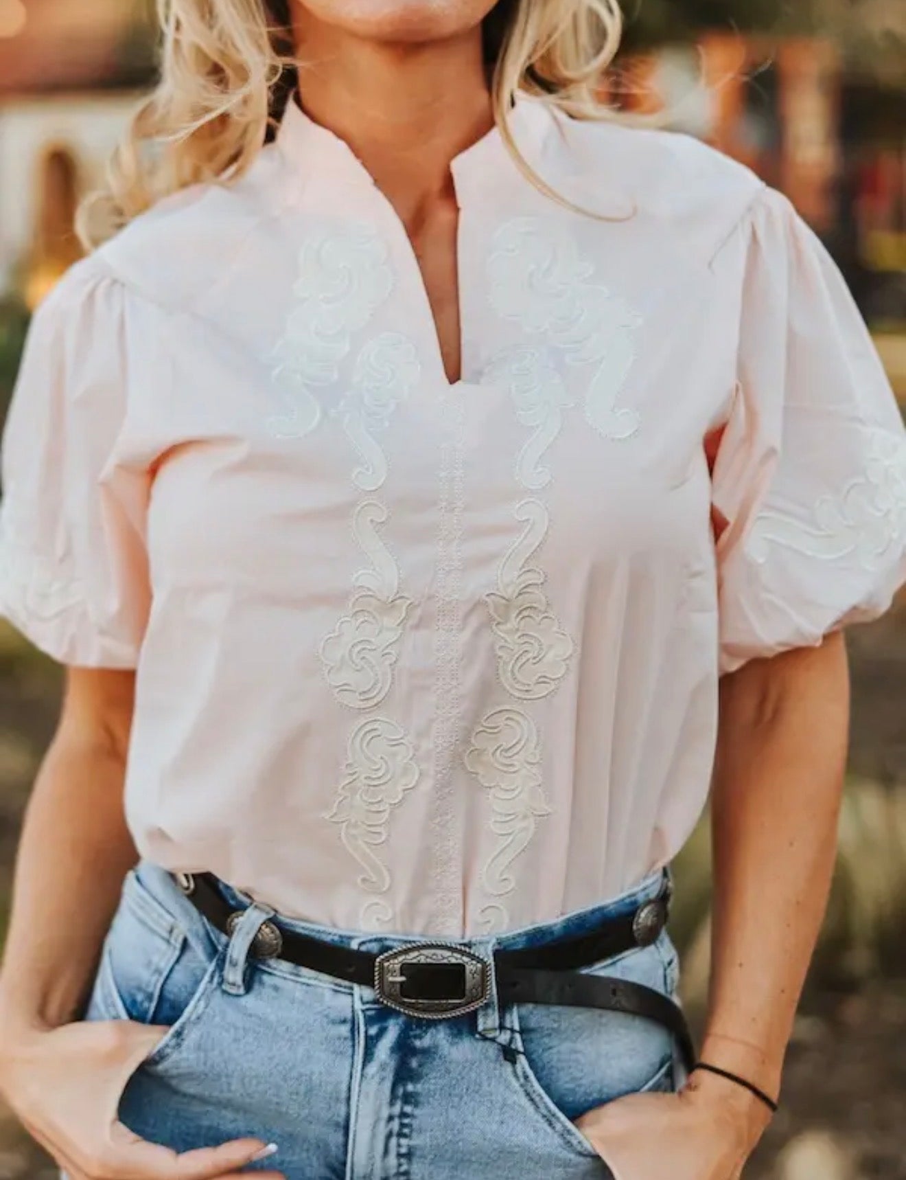 Lucky and Blessed Soft Pink Western Embroidered Detail Blouse