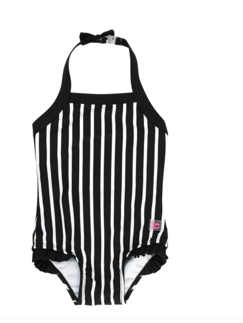 RuffleButts | Halter One Piece Swimsuit ~ Black and White 12-18m