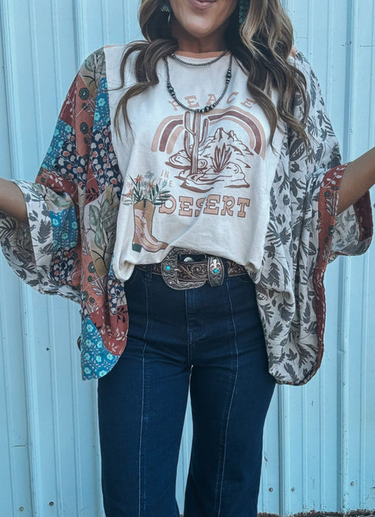 Multicolour Asymmetric Printed Patchwork Sleeve Peace Desert Graphic Top