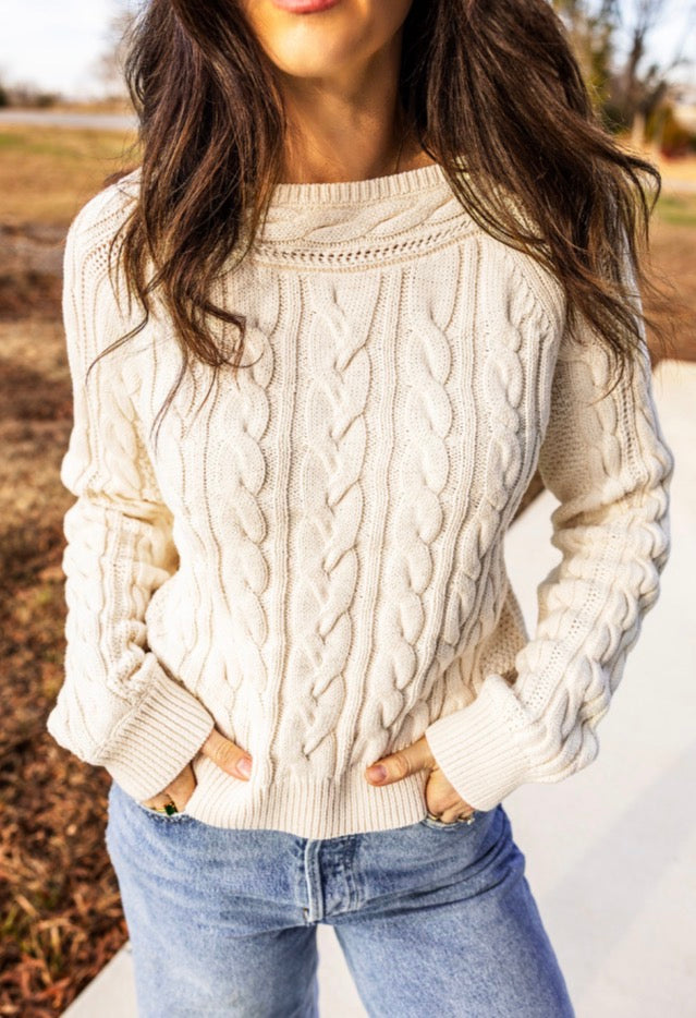 Beige Drop Shoulder Round Neck Cable Knit Sweater