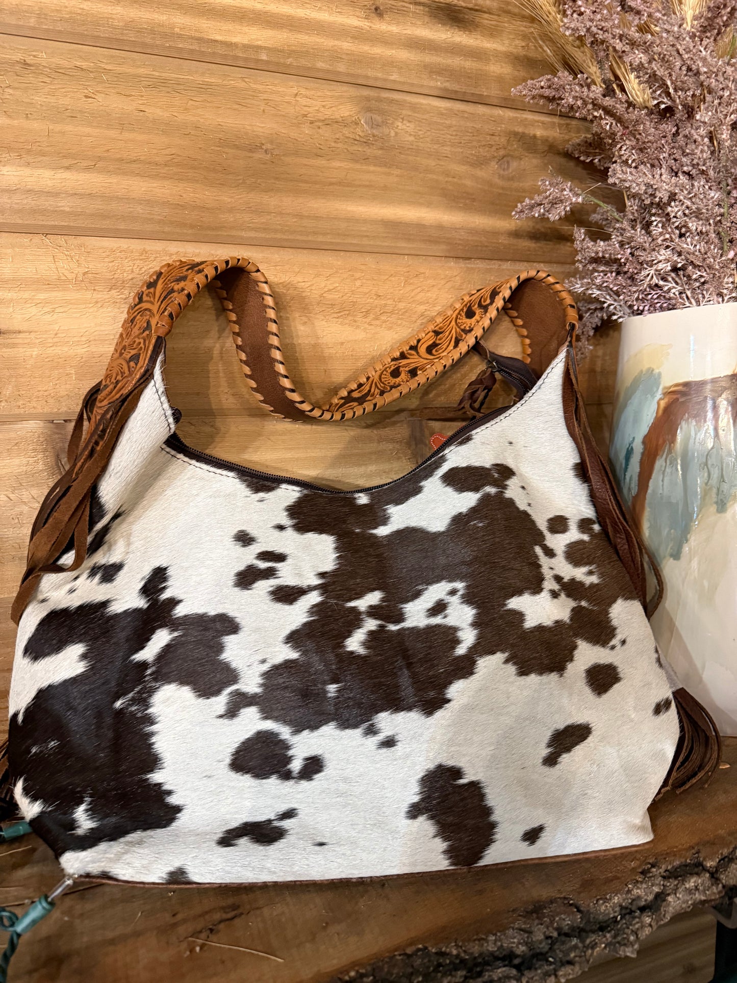 American Darling Annie Western Hobo Bag Hair-On Cowhide & Tooled Leather Shoulder Purse