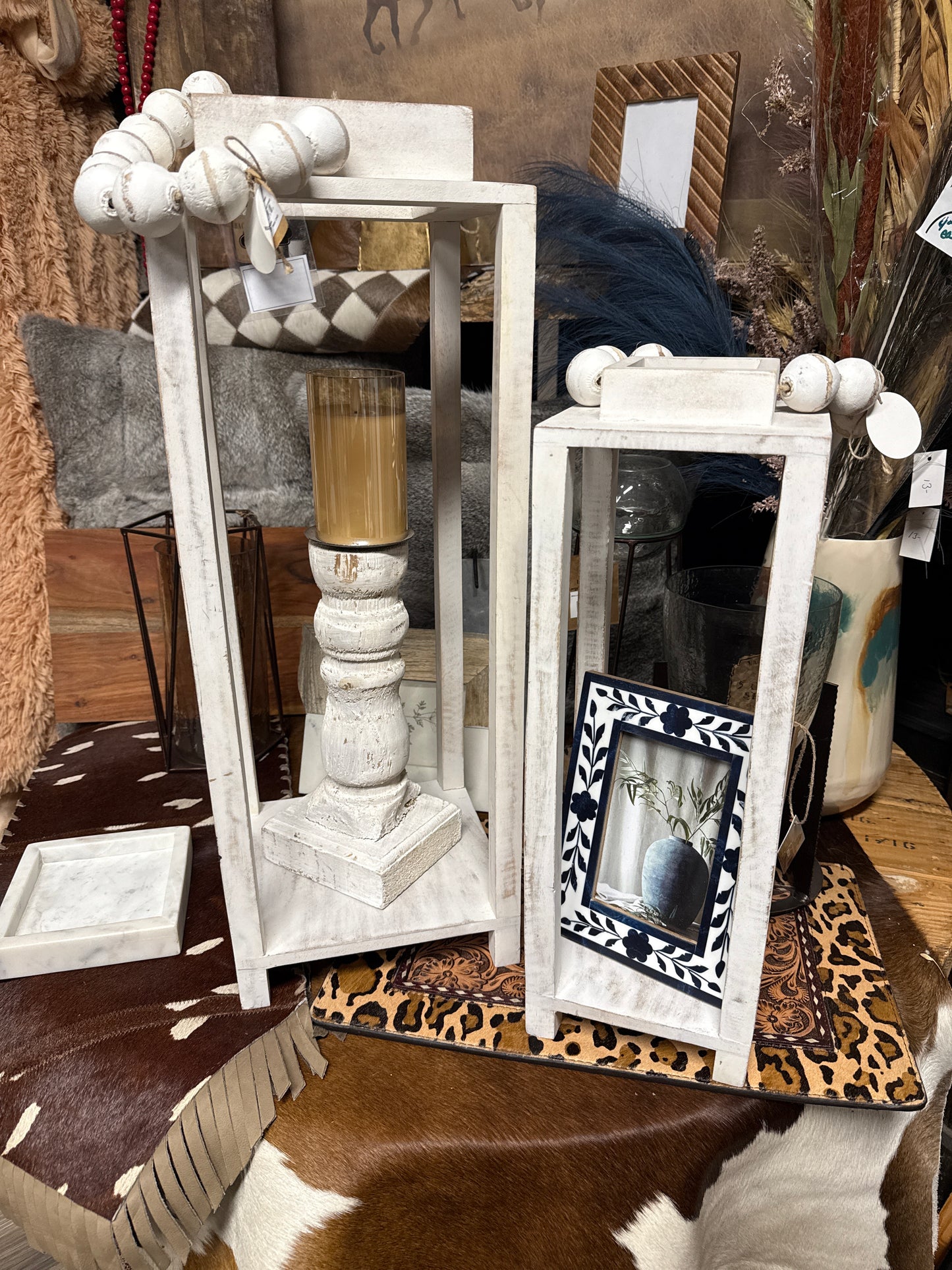 25" and 20” Distressed White Wood Lanterns With a Bead Handle by Mud Pie