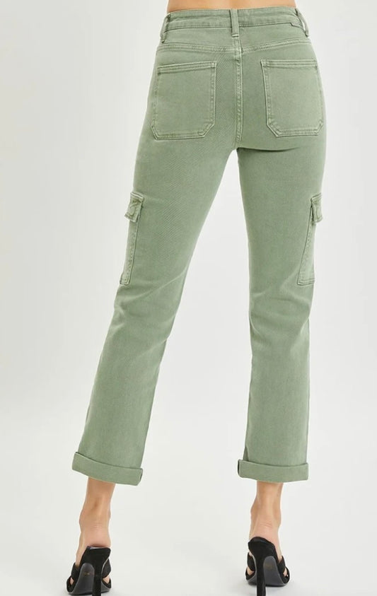Risen High Rise Straight Leg Cargo Jeans in Olive