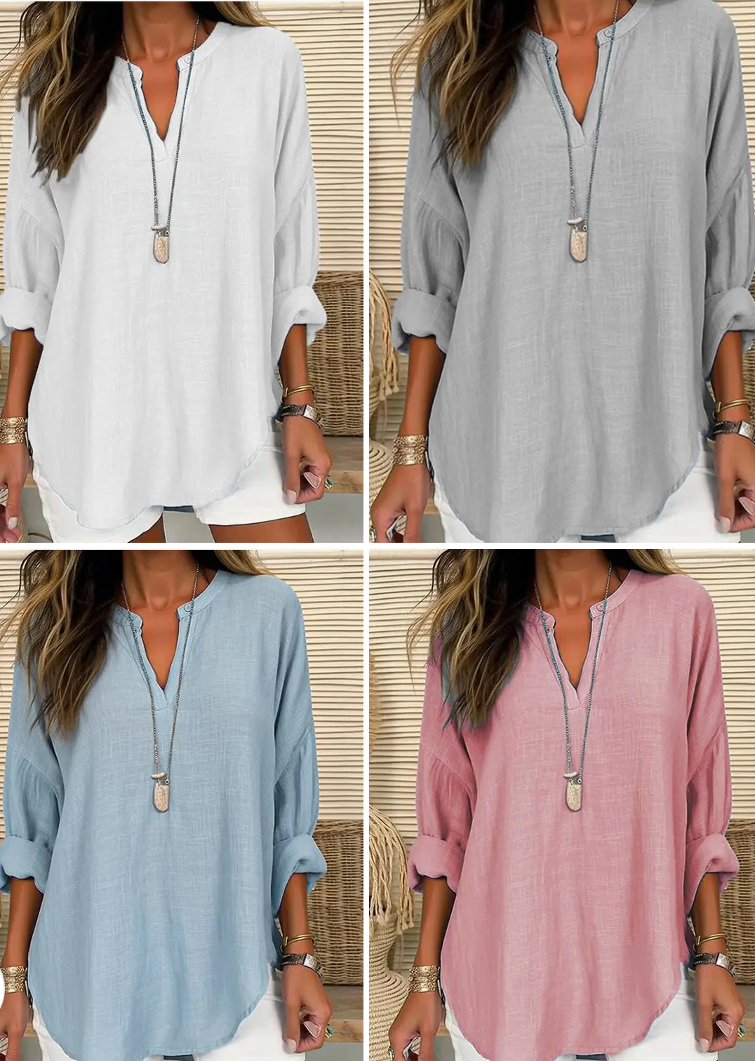 Blouse Linen Long Sleeve Casual V Neck Top