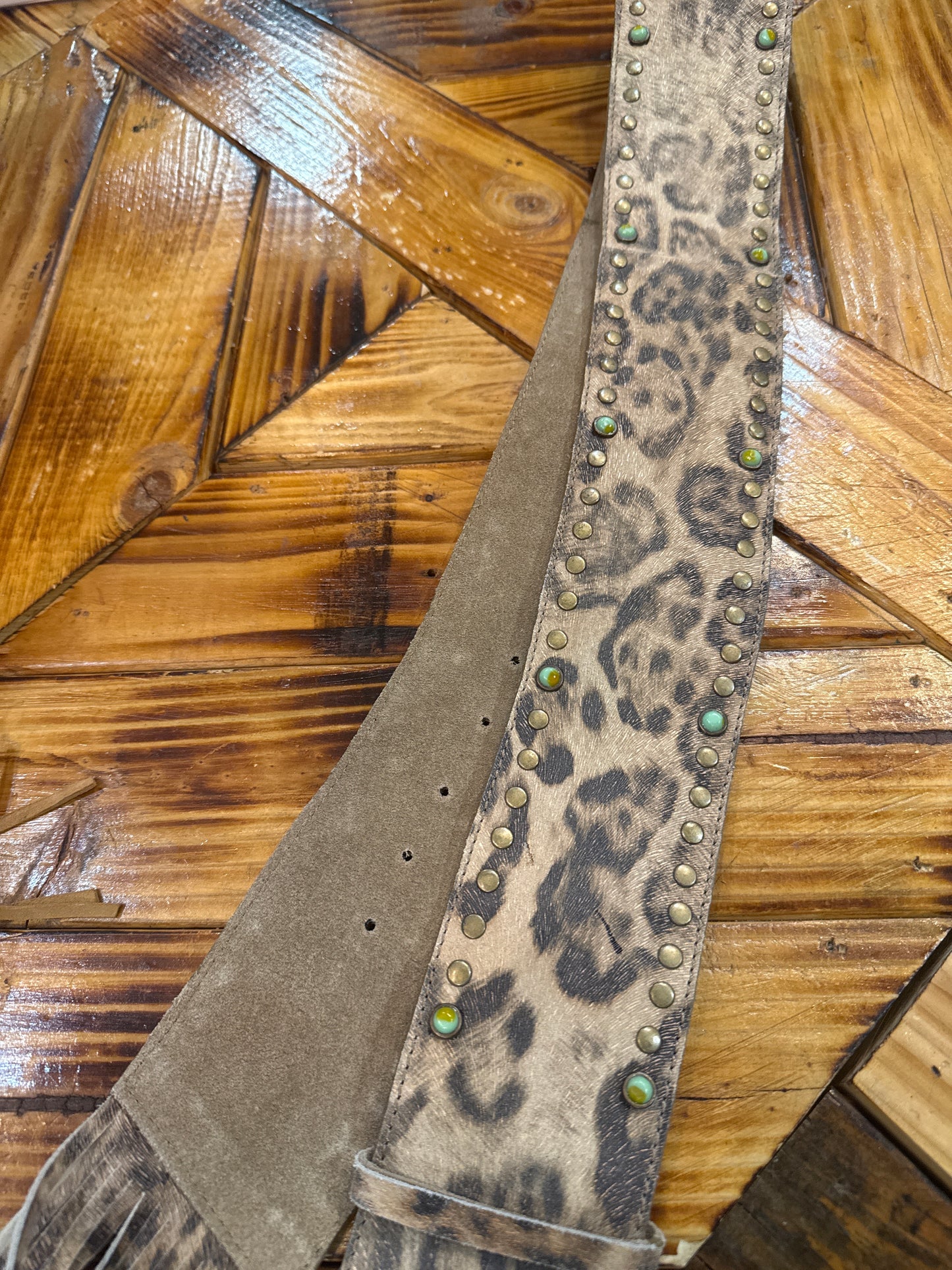Tasha Polizzi Leopard  Leather Camel Belt w/ Brads and Turquoise