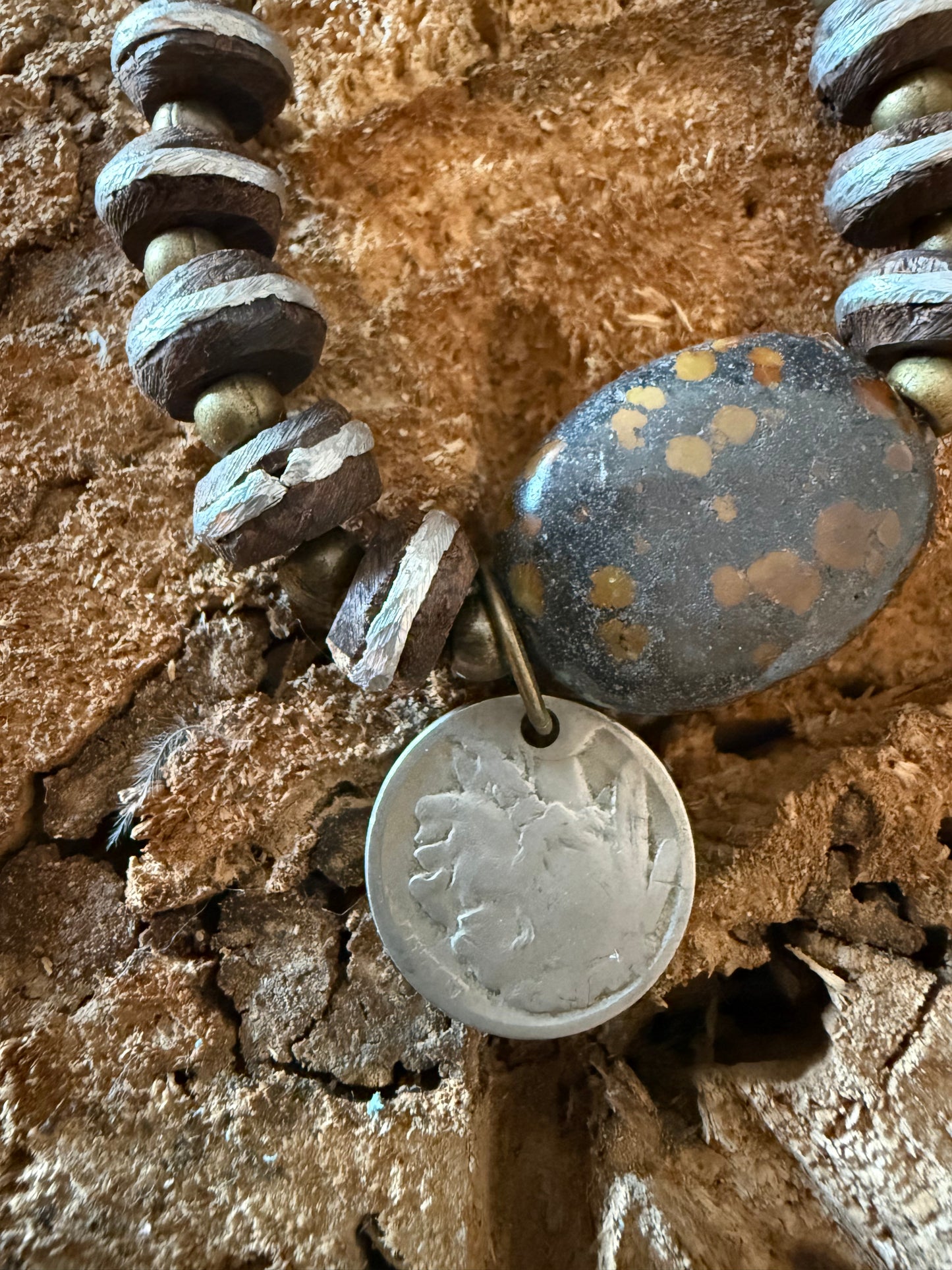 Aged Steel Bead with Stone and Indian Head Coin Stretch Bracelet