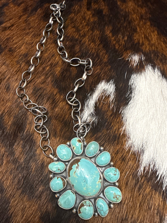 Marked Sheila Sterling Silver Turquoise Navajo Link Nevklace LARGE Attached Pendant
