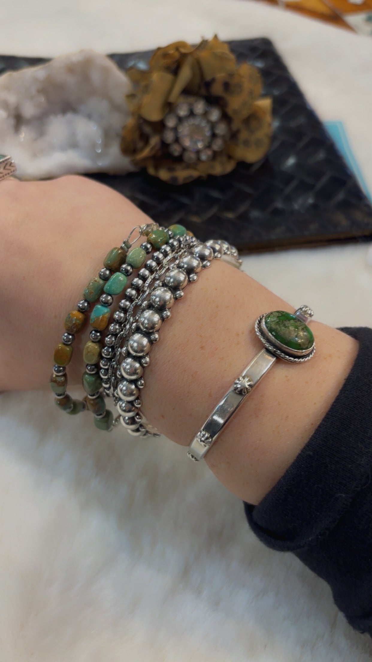 4 and 7mm Silver Turquoise Bracelet 7-8.5”