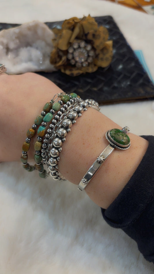 4 and 7mm Silver Turquoise Bracelet 7-8.5”
