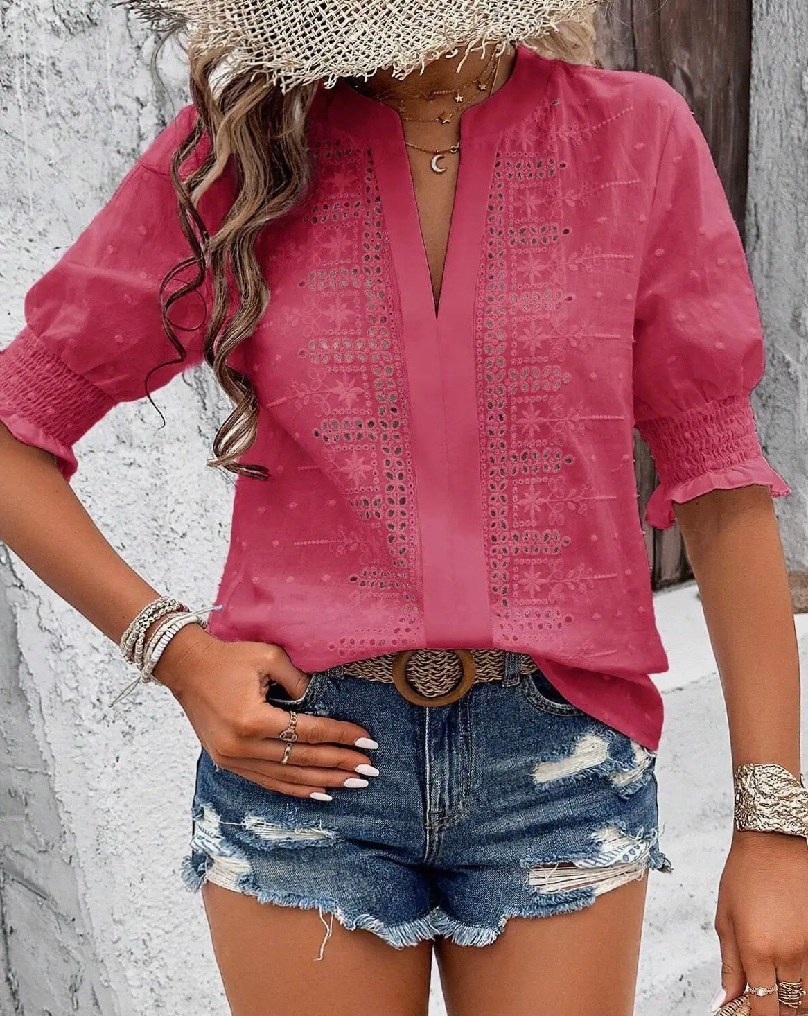 Hollow Out Half Sleeve Boho Top with Ruffle Trim
