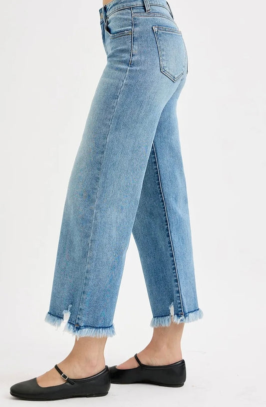 RISEN Mid Rise-Crop Wide Leg Jeans - Light Wash