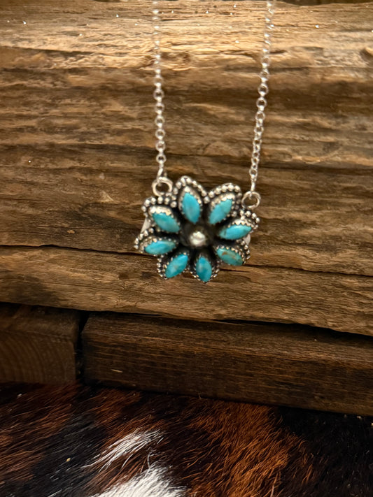 Sterling Silver Handmade Kingman Turquoise Flower Necklace