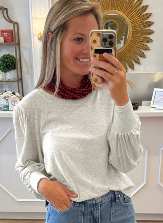 Oatmeal Shirred Cuffs Puff Sleeve Peasant Top
