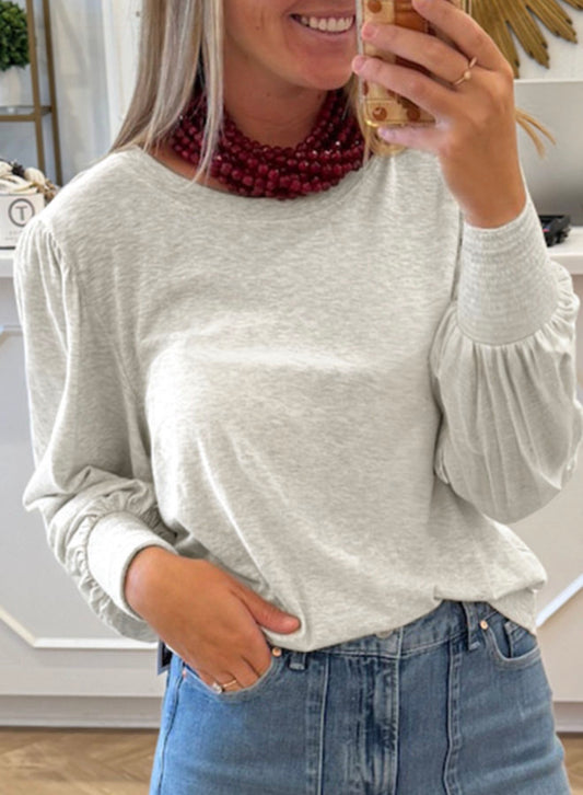 Oatmeal Shirred Cuffs Puff Sleeve Peasant Top