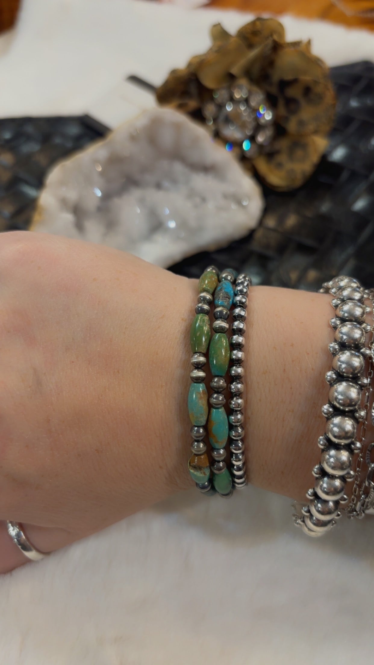 7.5” Sterling Silver HandStrung Kingman Turquoise Bead Stretch Bracelet