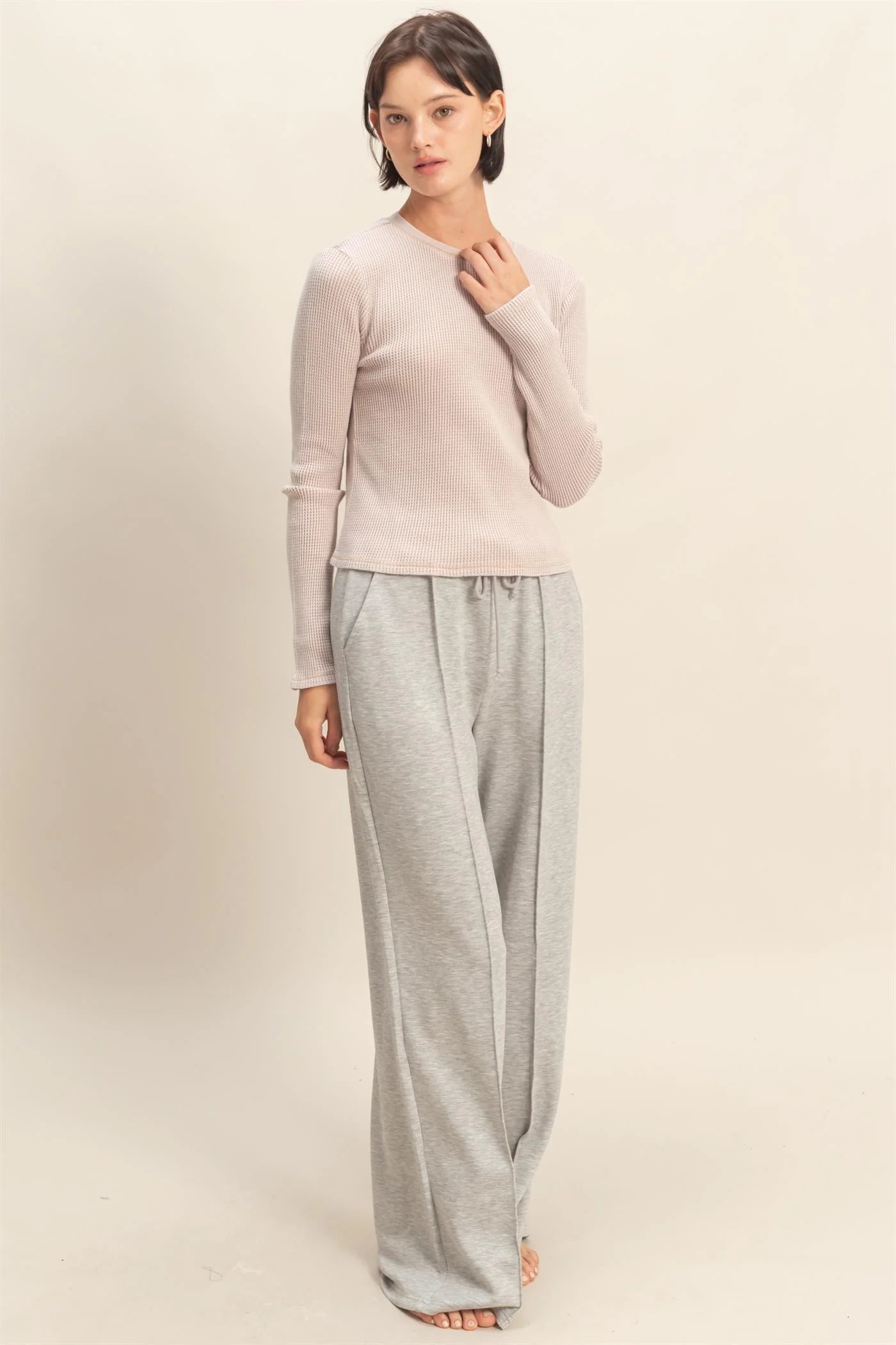 Double Knit High-Waist Drawstring Pintuck Wide Leg Pants