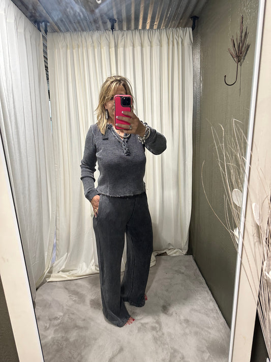 Distressed Mineral-Washed Long Sleeve Waffle Top