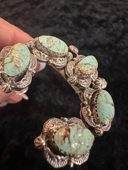 RAYMOND YAZZIE NAVAJO HANDMADE STERLING SILVER NEVADA TURQUOISE CUFF BRACELET