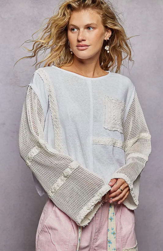 Round Neck Long See Through Sleeve Crochet Solid Knit Top
