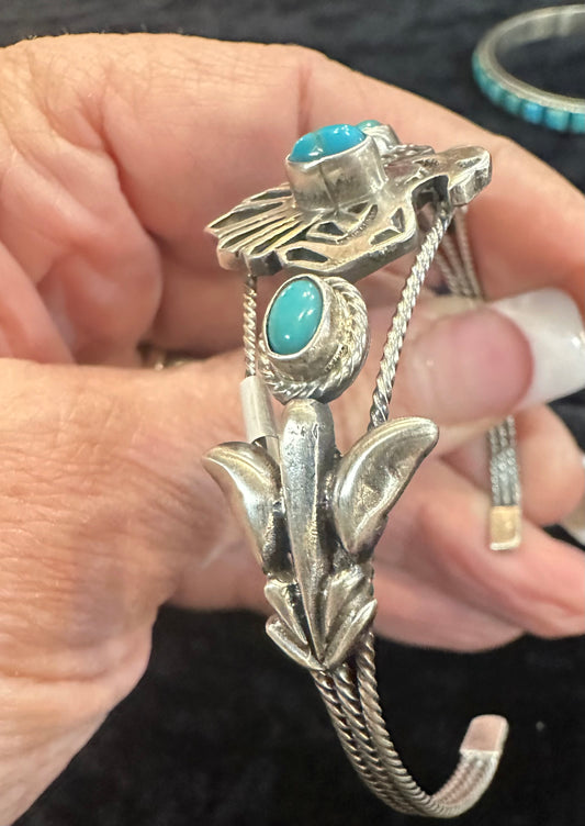BOBBY PLATERO NAVAJO HANDMADE SS KINGMAN TURQUOISE THUNDERBIRD BRACELET