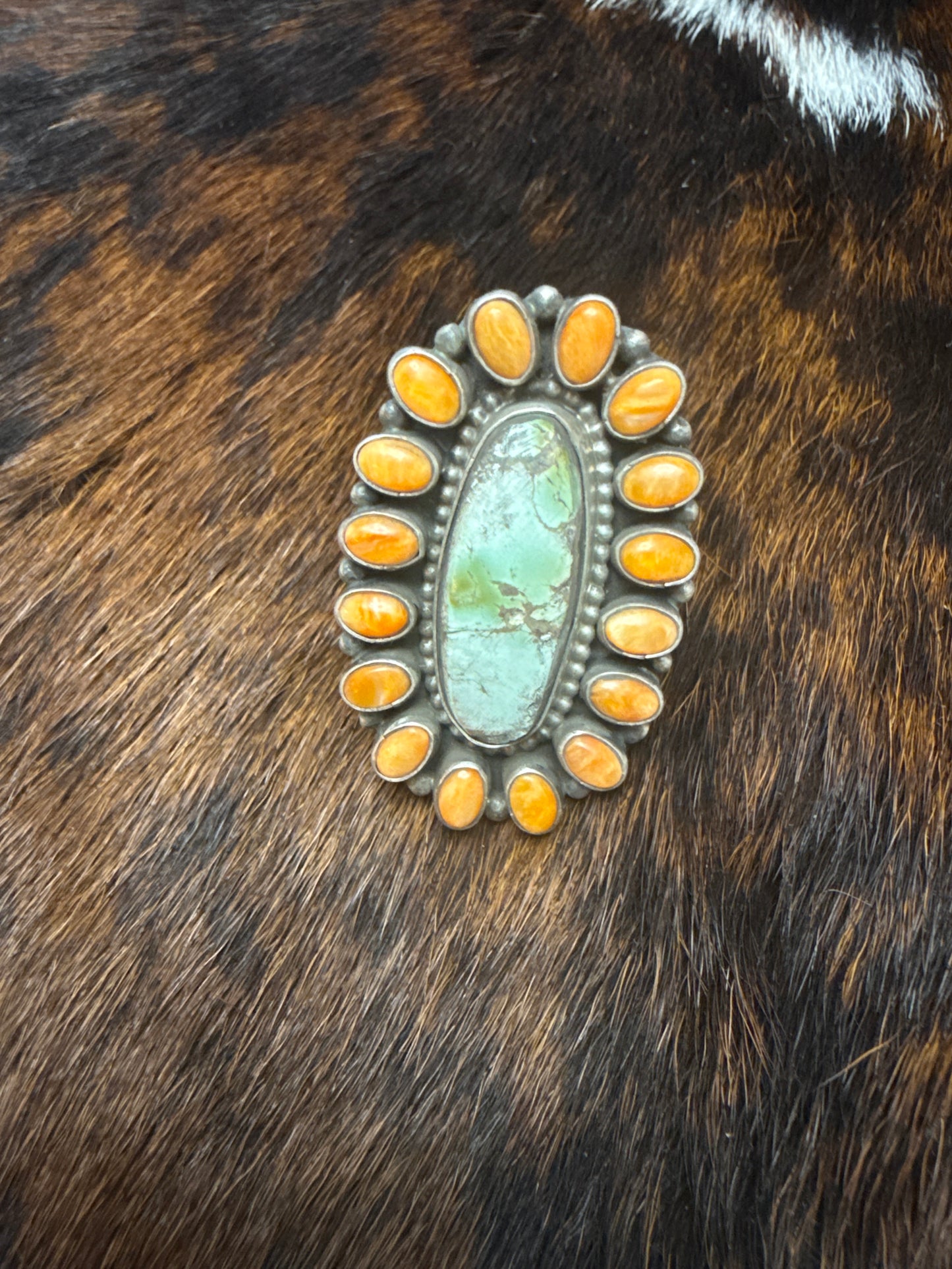 Marked Sheila Navajo Ring Sterling Silver Spiny Oyster and Turquoise