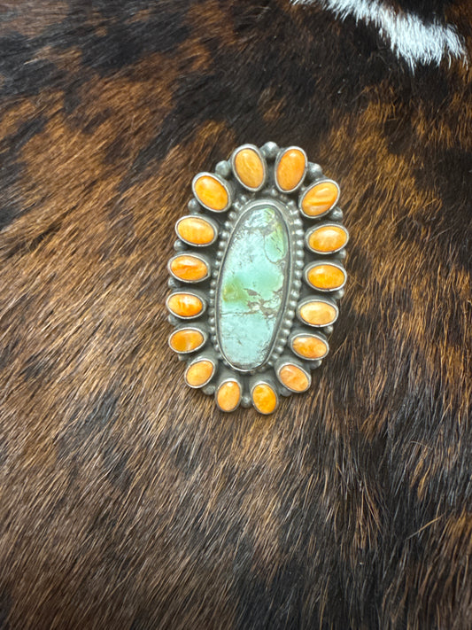 Marked Sheila Navajo Ring Sterling Silver Spiny Oyster and Turquoise