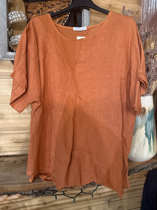 Purolino LINEN Short Sleeved asymmetrical TOP Italy Collection O/S fits most