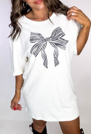 White Striped Bow Knot Half Sleeve Tunic T Shirt