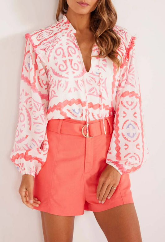 Desert Flower Vintage Print Smocked Poet Collar Billowy Blouson Sleeves Blouse