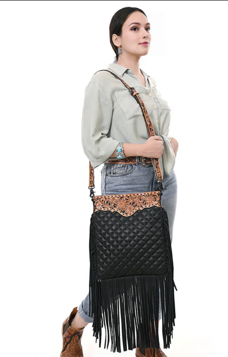 American Darling - Black Quilted Crossbody Bucket Hand Tooled Genuine Western Leather Women Bag