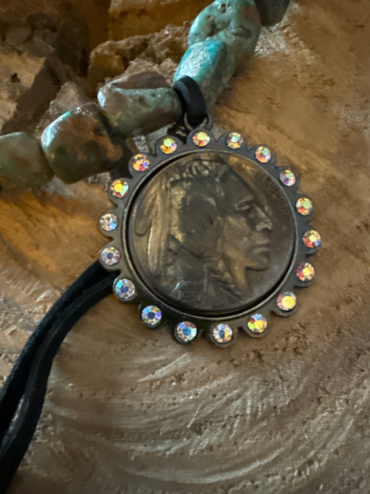Authentic Turquoise Nugget & Indian head Concho with Rhinestone Necklace