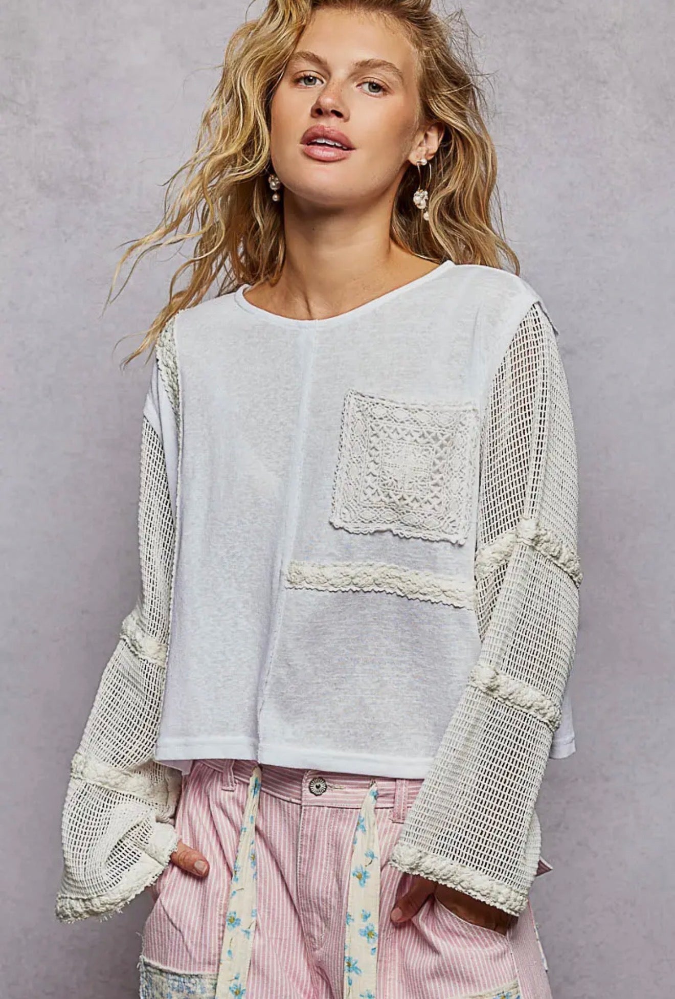 Round Neck Long See Through Sleeve Crochet Solid Knit Top