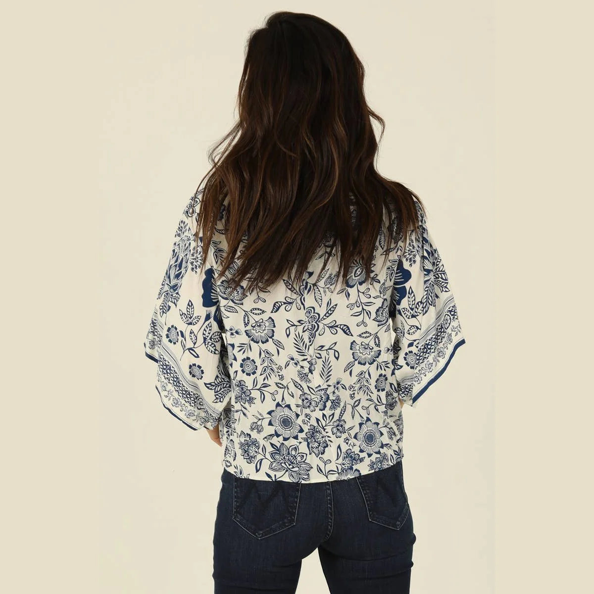 Nostalgia Women's V Neck Kimono Sleeve Tie Waist Blouse