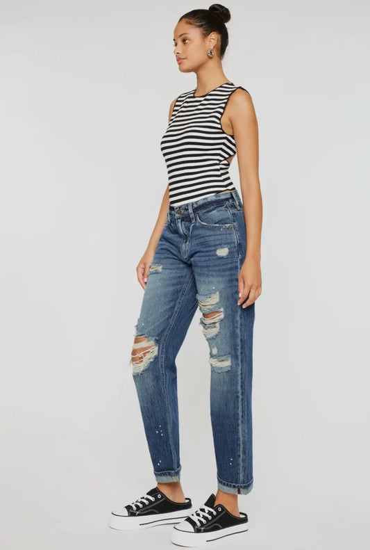 KanCan Distressed Boyfriend Cuffed Cropped Jeans