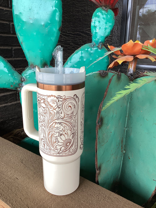 Etched Tooled Leather Design Tumbler 30oz