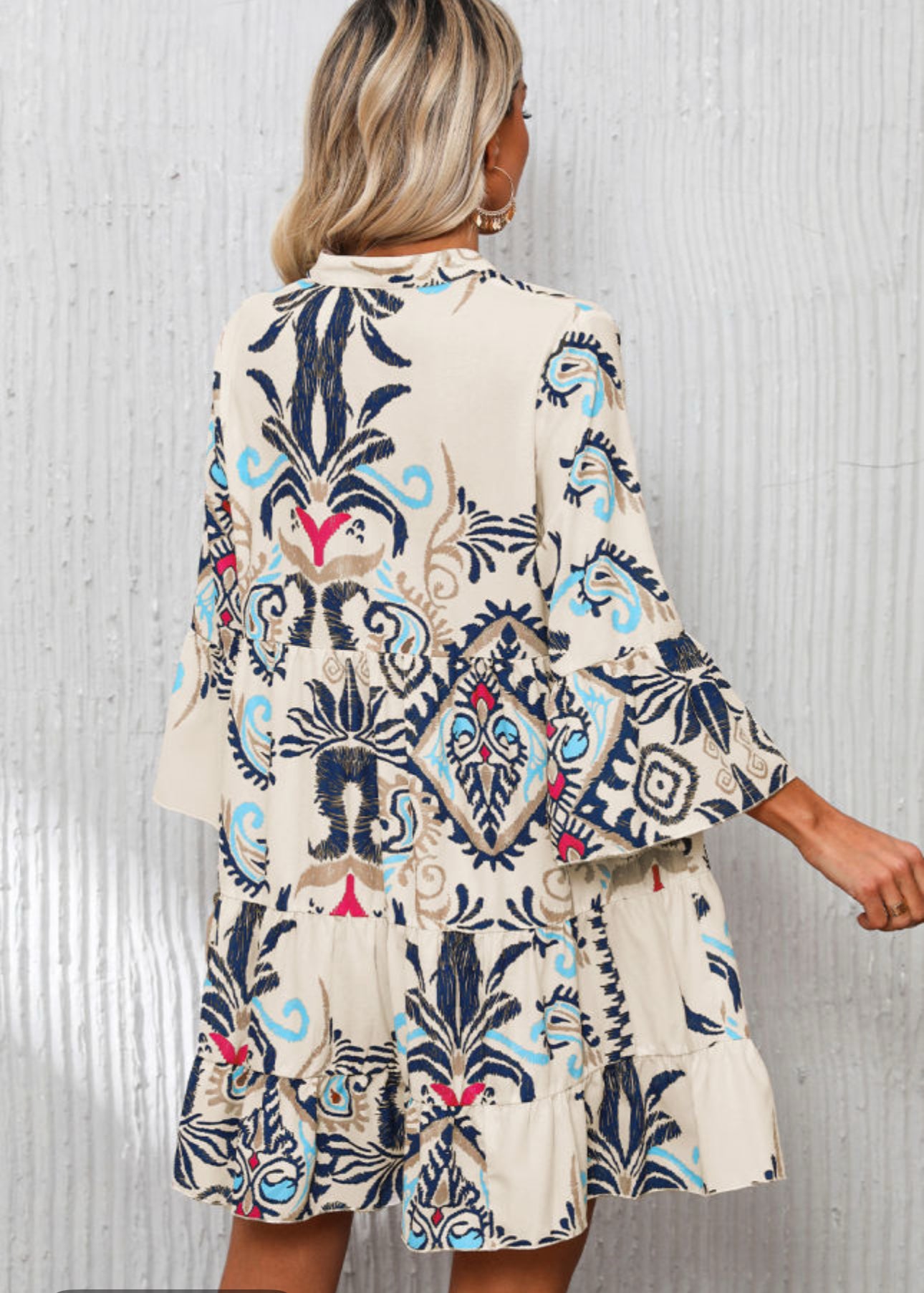 Printed Tribal Bracelet Sleeve Buttoned Mini Dress