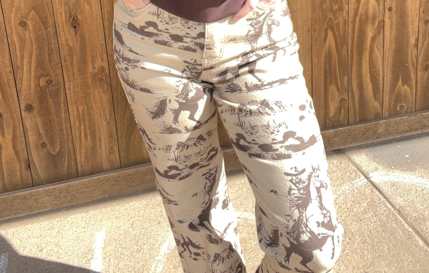 Beige Cowboy Print Jeans