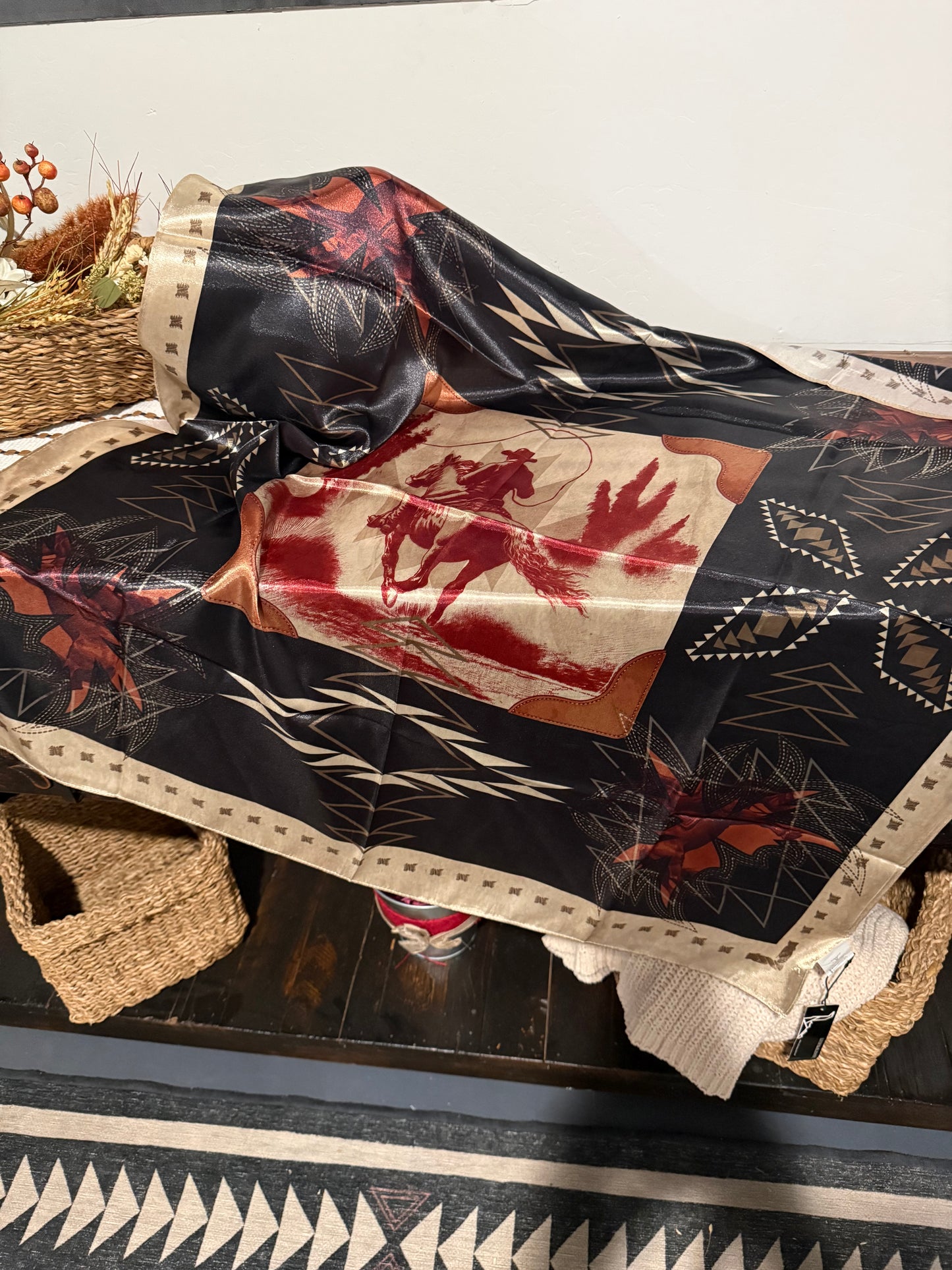 LUCKY & BLESSED BLACK AZTEC BOOT STITCH COWBOY PRINTED WILD RAG