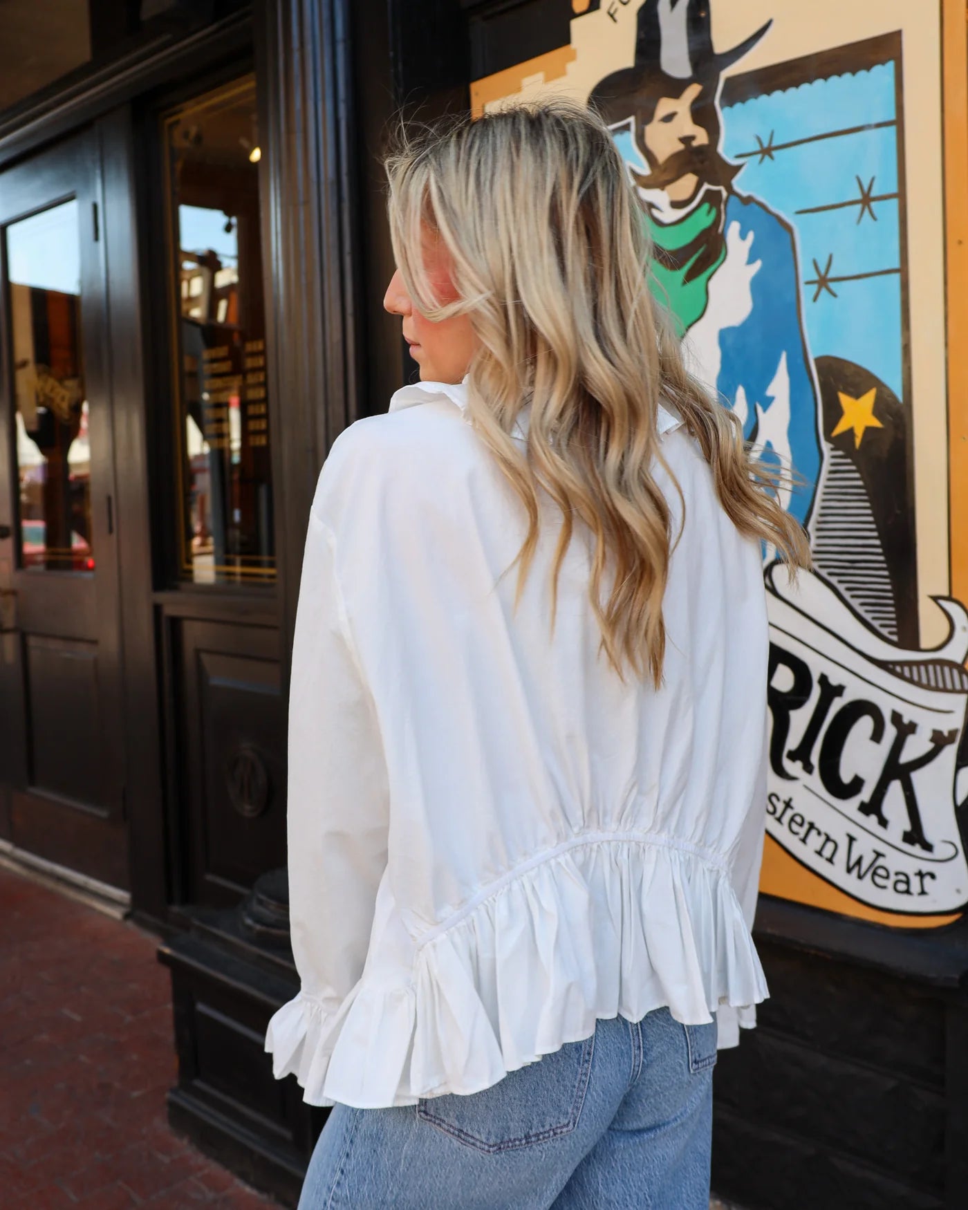 A RARE BIRD RUFFLE WHITE BUTTON UP BLOUSE
