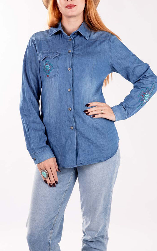 MONTANA WEST EMBROIDERED AZTEC POCKET LONG SLEEVE CHAMBRAY SHIRT