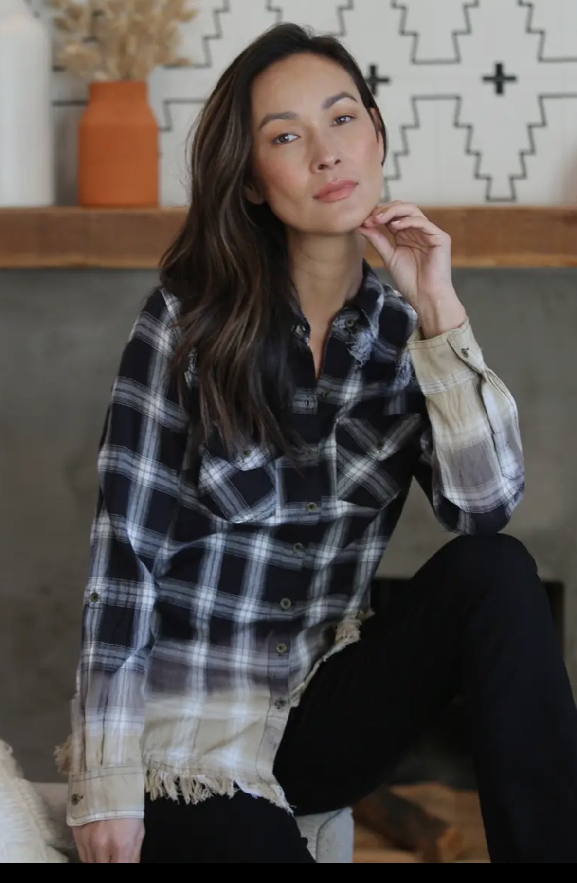 Nostalgia Dip Dye Frayed Hem Plaid Button Up Shirt