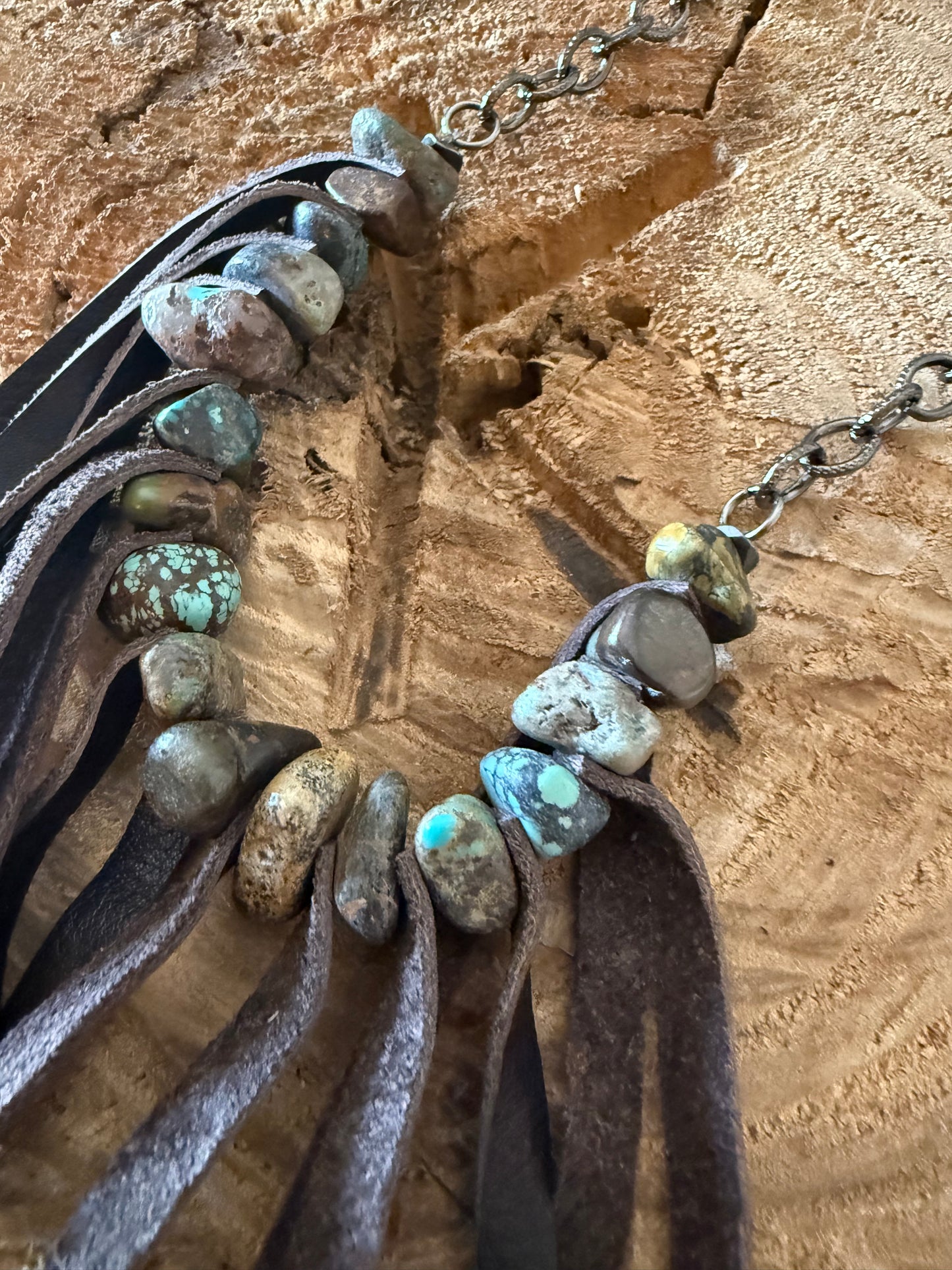 Kodiak Leather Natural Turquoise w/ 8” Leather Fringe Link Neckkace 24” Adjustable