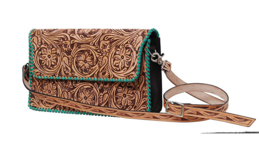 Rafter T - Crossbody: Tooled CrossBody Bag with Floral Carving, TT Finish, Turquoise Whipstitch & Carved Shoulder Strap